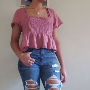 (32)AEO Dusty Mauve Pink Baby Doll Top Size Large (EUC)